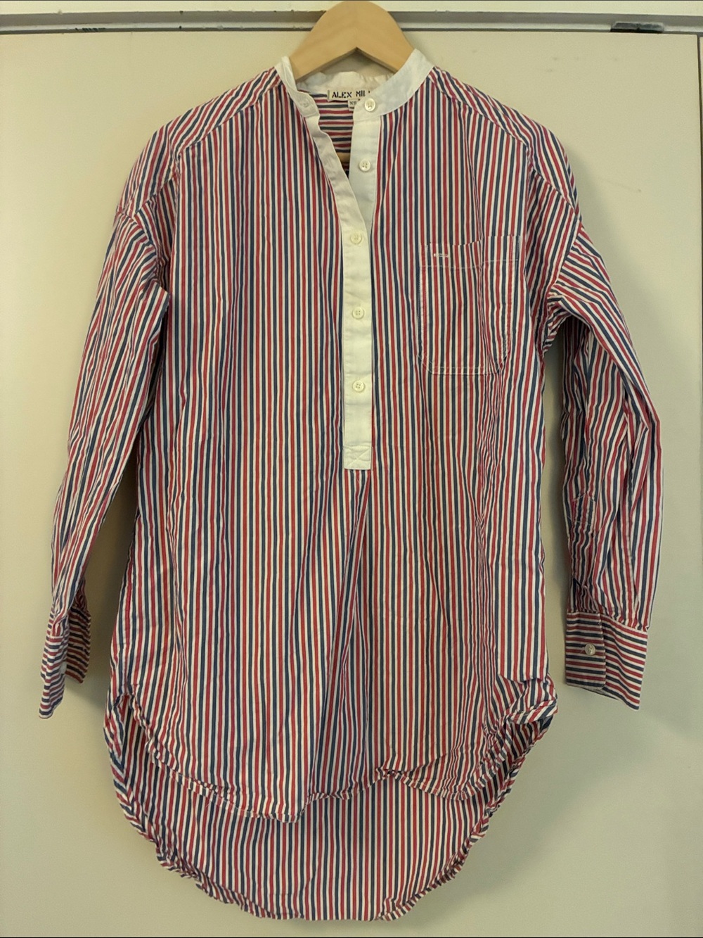 Alex Mill Red, White & Blue Striped Grandad Collar Shirt